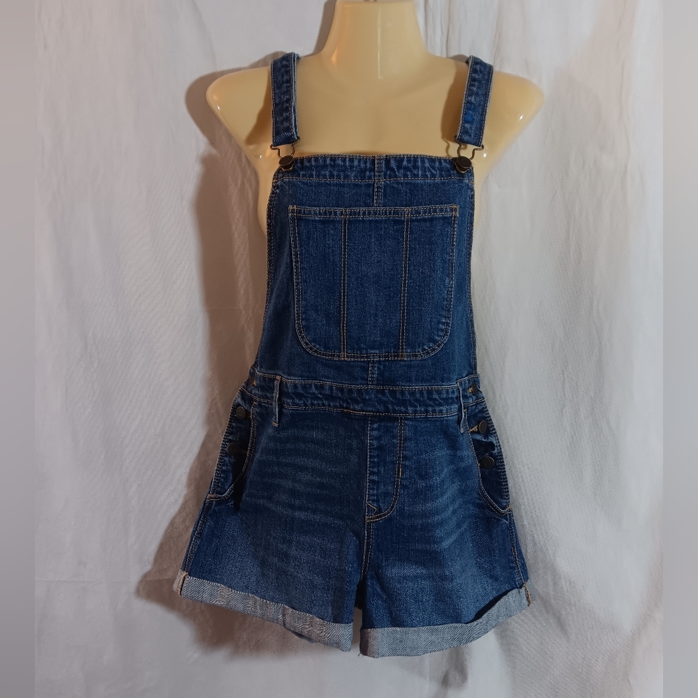 Old Navy Womens Medium Blue Jean Shortall Denim Shorts Bib Overall Cuffed - Picture 2 of 14